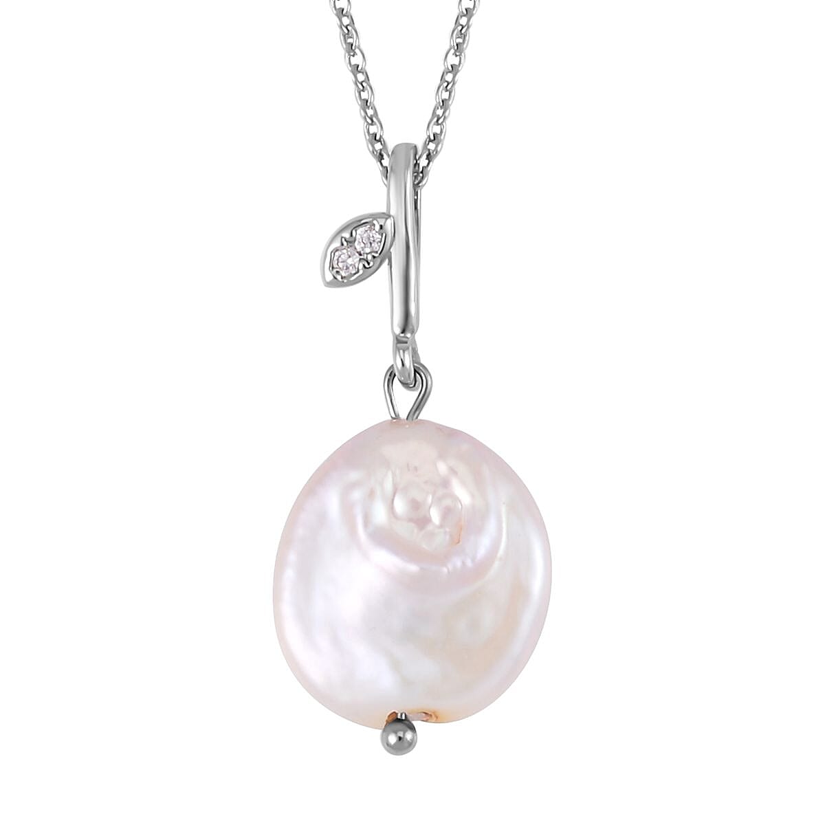 Coin Freshwater Pearl and Simulated Diamond Pendant Necklace in Silvertone 20 Inches image number 0