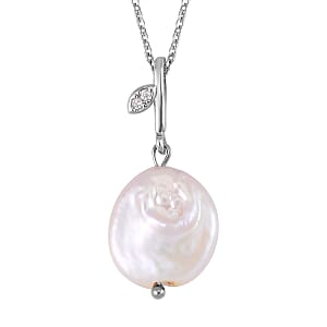 Coin Freshwater Pearl and Simulated Diamond Pendant Necklace in Silvertone 20 Inches