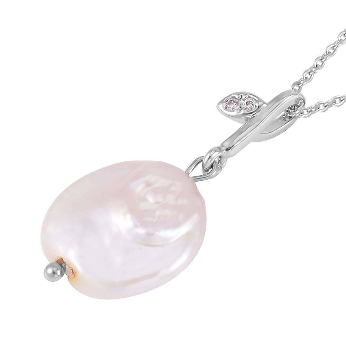 Coin Freshwater Pearl and Simulated Diamond Pendant Necklace in Silvertone 20 Inches image number 3