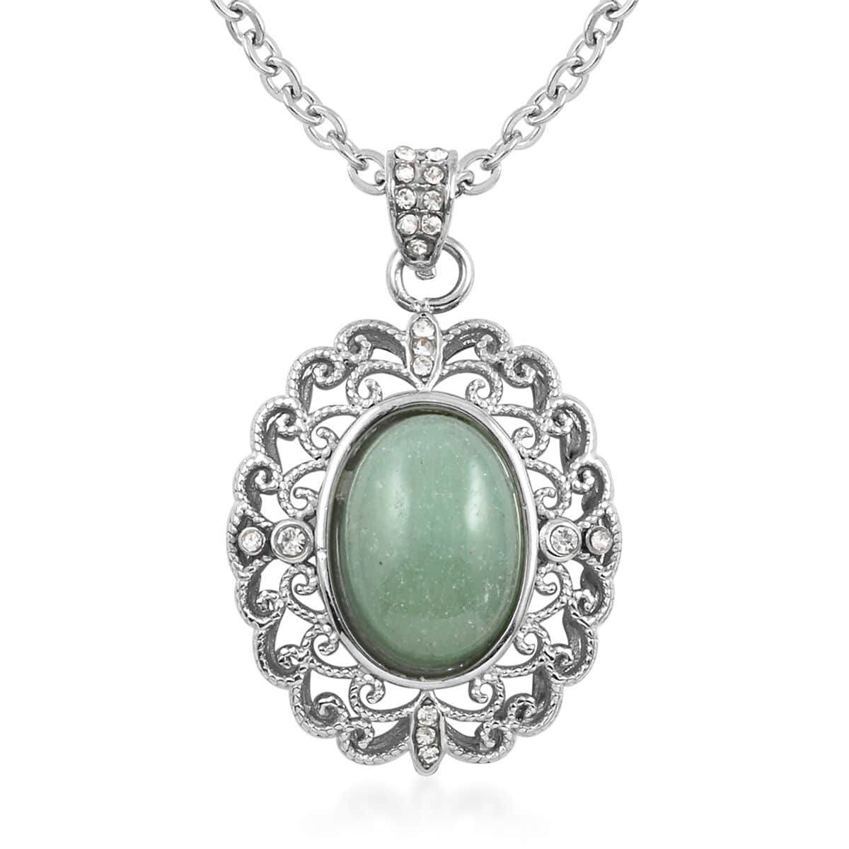 Green Aventurine, Simulated Diamond Pendant Necklace (18-20 Inches) in Stainless Steel 5.25 ctw , Tarnish-Free, Waterproof, Sweat Proof Jewelry image number 0