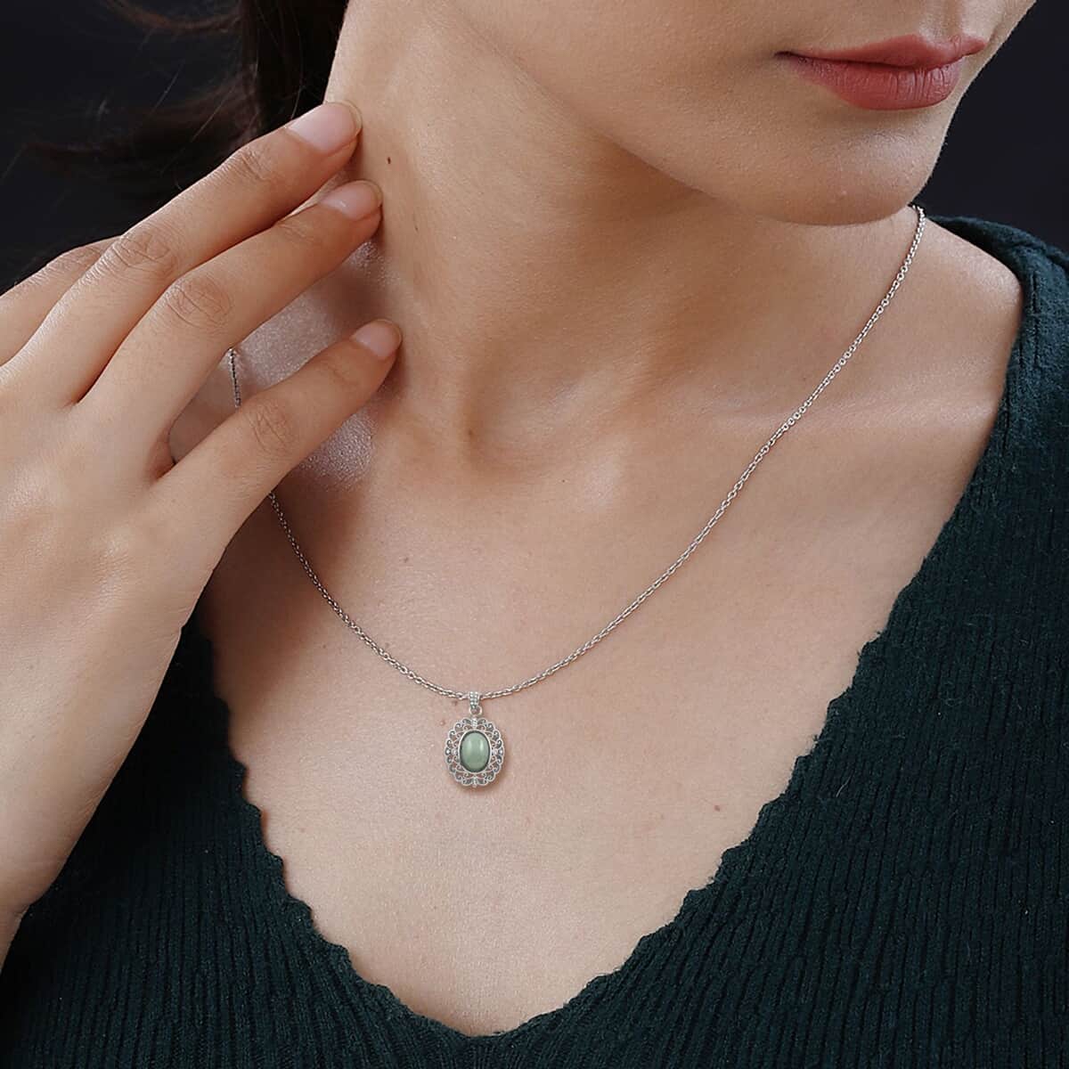 Green Aventurine, Simulated Diamond Pendant Necklace (18-20 Inches) in Stainless Steel 5.25 ctw , Tarnish-Free, Waterproof, Sweat Proof Jewelry image number 2