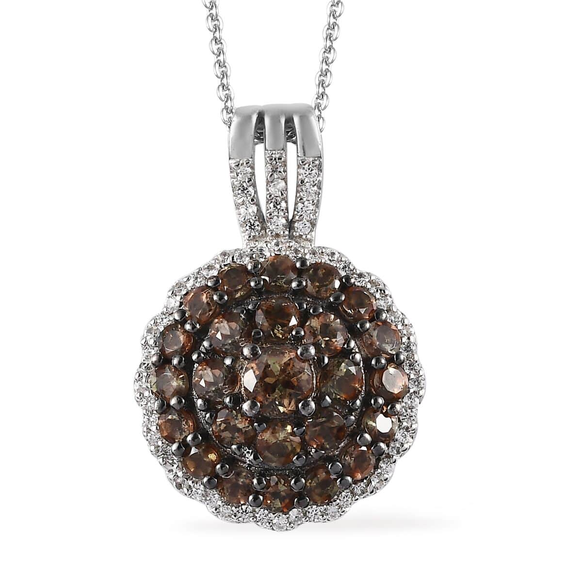 Premium Jenipapo Andalusite and White Zircon Cluster Pendant Necklace 20 Inches in Platinum Over Sterling Silver 2.10 ctw image number 0