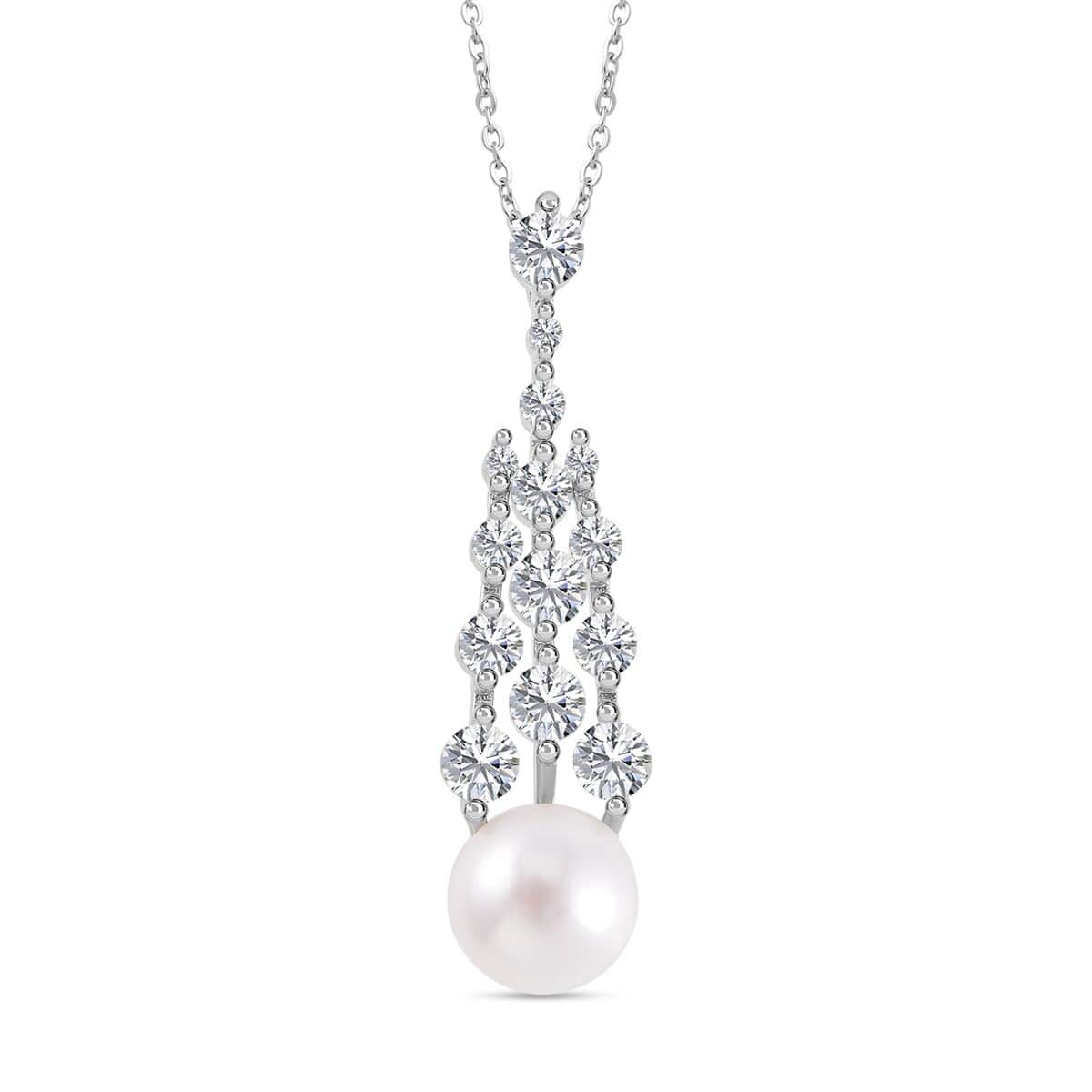 White Freshwater Pearl and Simulated Diamond Pendant Necklace 20 Inches in Silvertone 1.00 ctw image number 0