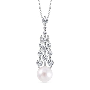 White Freshwater Pearl and Simulated Diamond 1.00 ctw Pendant Necklace in Silvertone 20 Inches