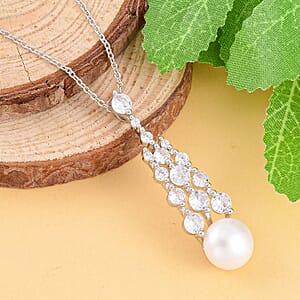 White Freshwater Pearl and Simulated Diamond 1.00 ctw Pendant Necklace in Silvertone 20 Inches