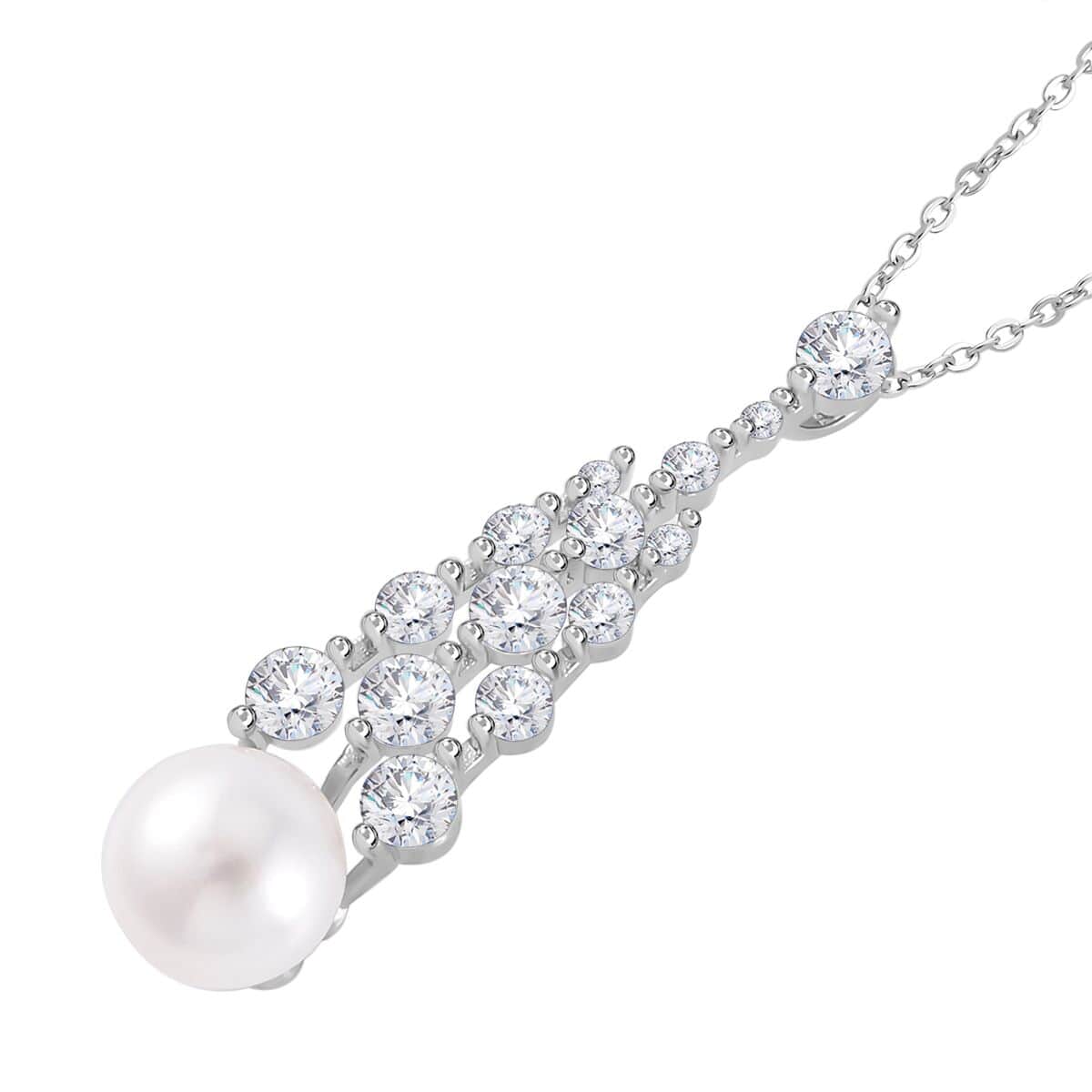 White Freshwater Pearl and Simulated Diamond Pendant Necklace 20 Inches in Silvertone 1.00 ctw image number 3