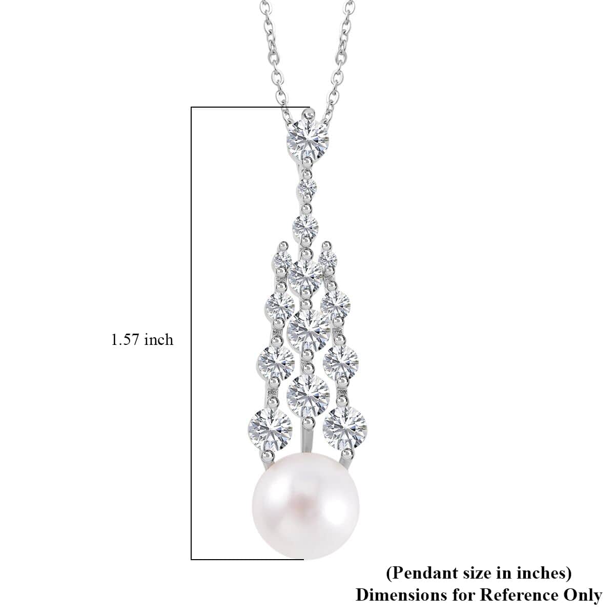 White Freshwater Pearl and Simulated Diamond Pendant Necklace 20 Inches in Silvertone 1.00 ctw image number 5