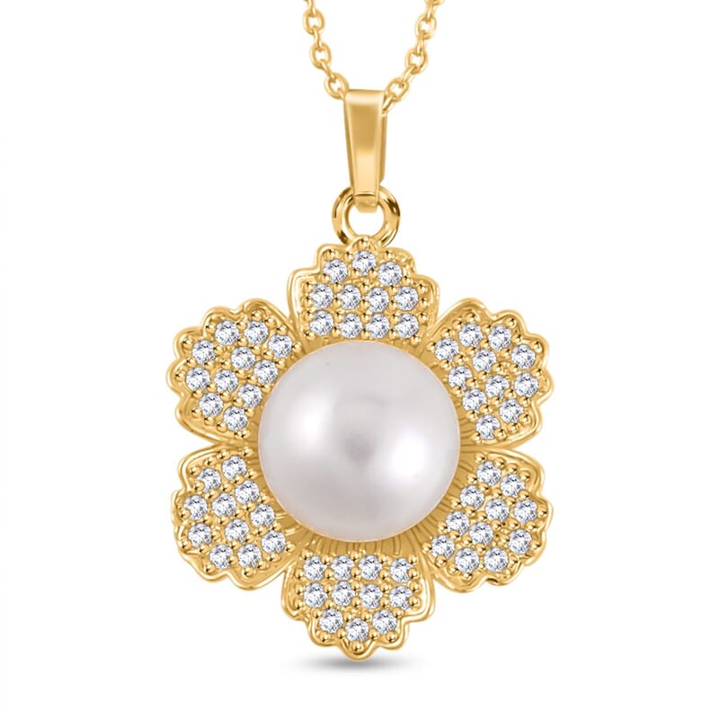 White Freshwater Pearl and Simulated Diamond Floral Pendant Necklace 20 Inches in Goldtone 0.20 ctw