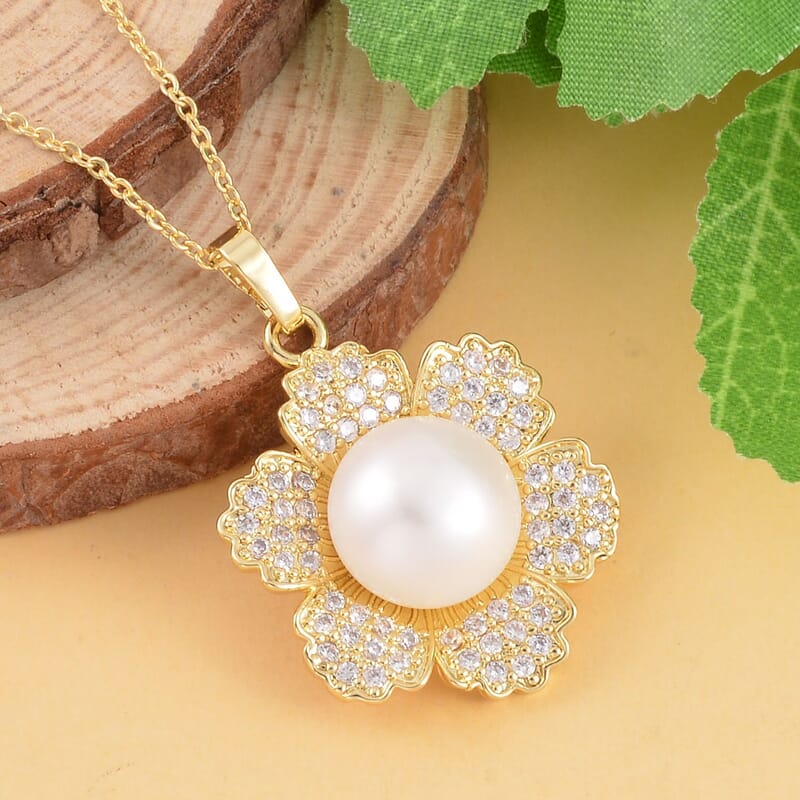 White Freshwater Pearl and Simulated Diamond Floral Pendant Necklace 20 Inches in Goldtone 0.20 ctw