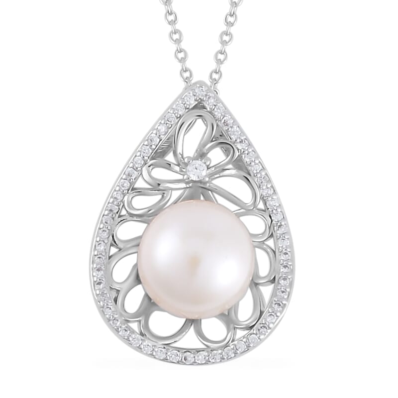 White Freshwater Pearl and Simulated Diamond Drop Pendant Necklace 20 Inches in Silvertone 0.30 ctw