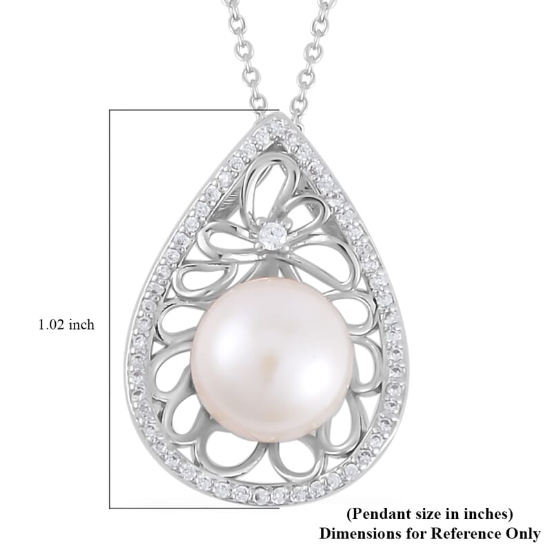 White Freshwater Pearl and Simulated Diamond Drop Pendant Necklace 20 Inches in Silvertone 0.30 ctw
