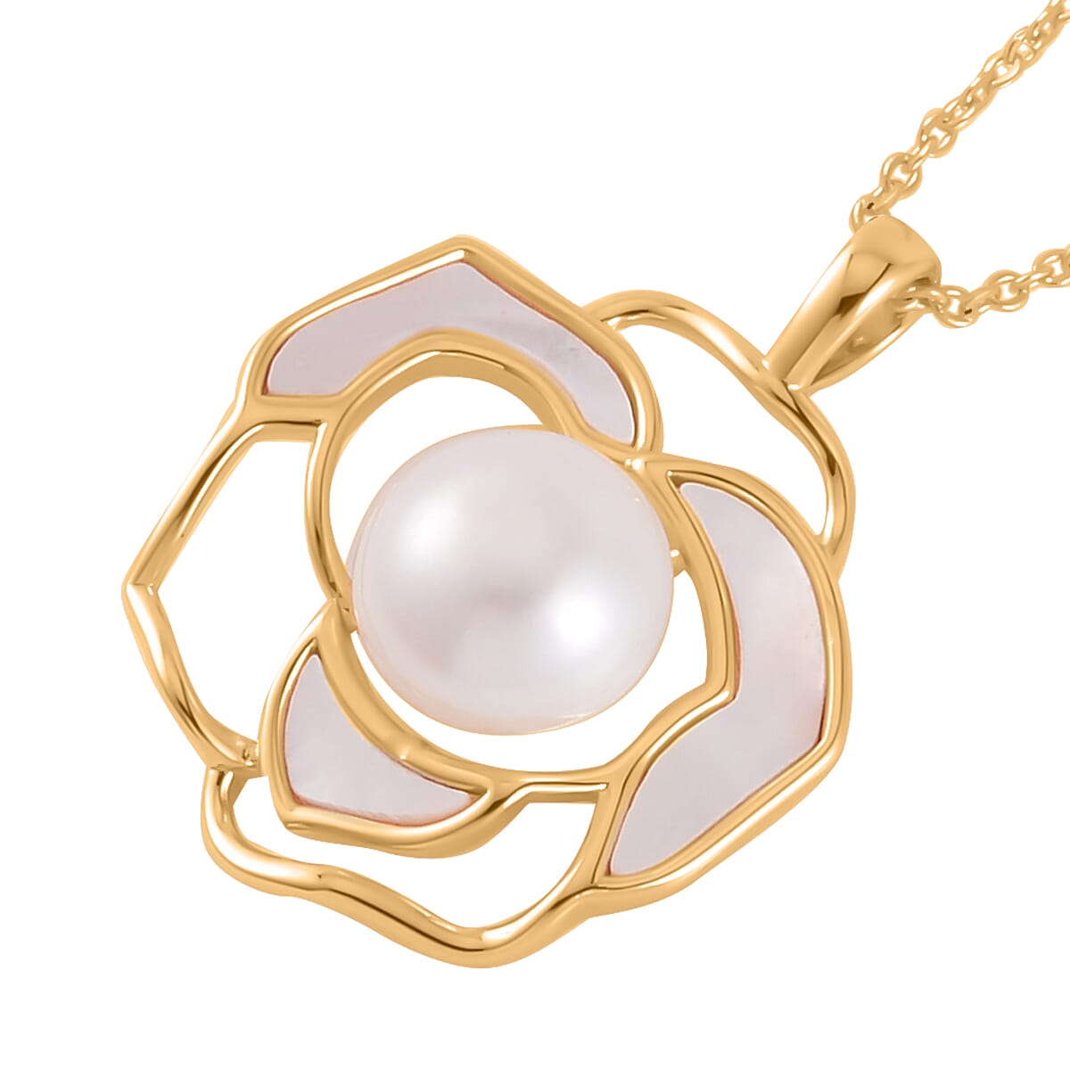 White Freshwater Pearl and White Mother Of Pearl Pendant Necklace 20 Inches in Goldtone image number 3