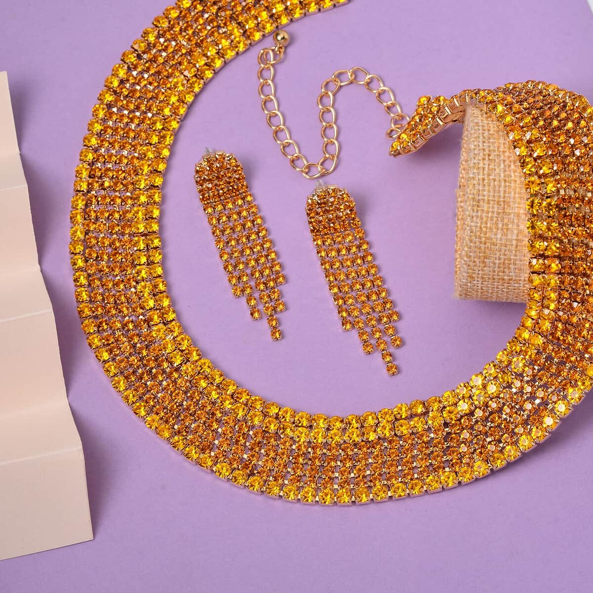 Golden Austrian Crystal Necklace 18-22 Inches and Earrings in Goldtone image number 1