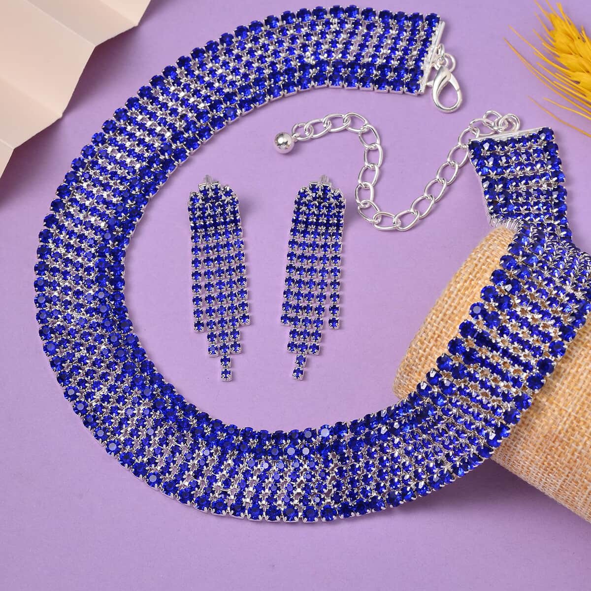 Blue Austrian Crystal Necklace and Earrings in Silvertone 18-22 Inches image number 1