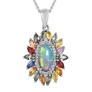 Premium Ethiopian Welo Opal and Multi Gemstone Floral Pendant Necklace 20 Inches in Platinum Over Sterling Silver 2.90 ctw