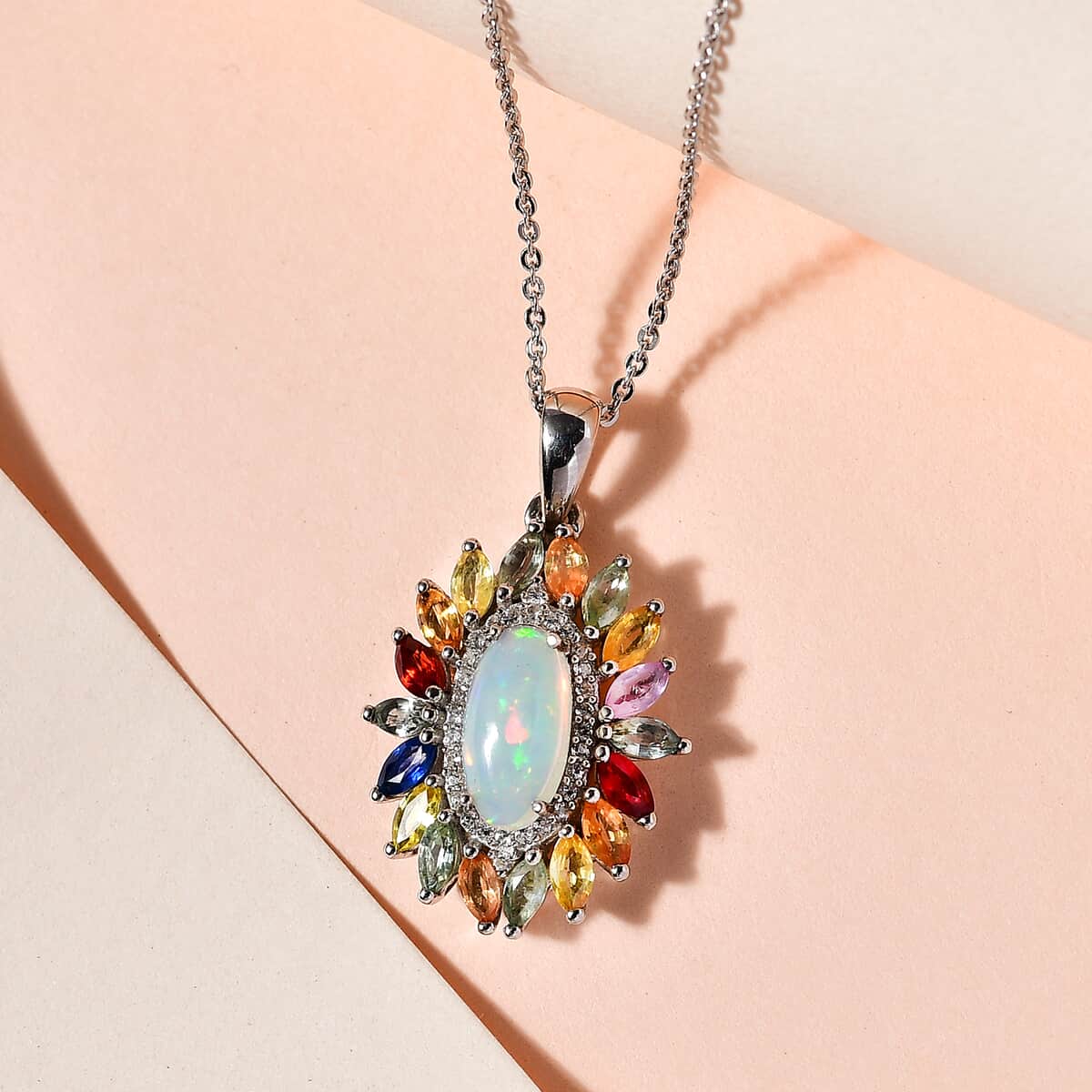 TLV Premium Ethiopian Welo Opal, Multi Gemstone Floral Pendant Necklace (20 Inches) in Platinum Over Sterling Silver 2.90 ctw image number 1