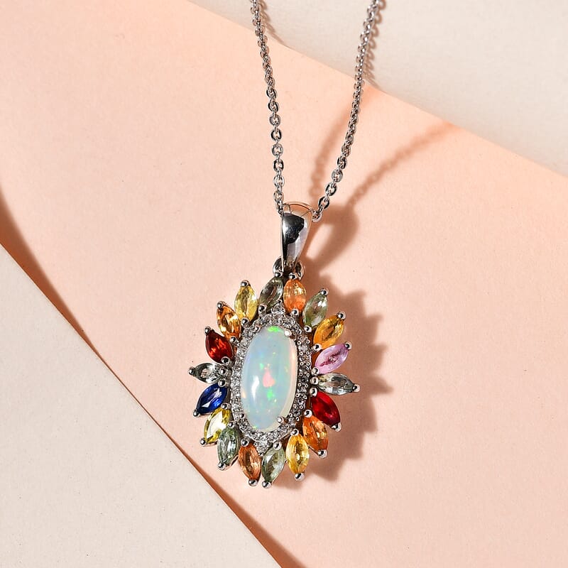 Premium Ethiopian Welo Opal and Multi Gemstone Floral Pendant Necklace 20 Inches in Platinum Over Sterling Silver 2.90 ctw