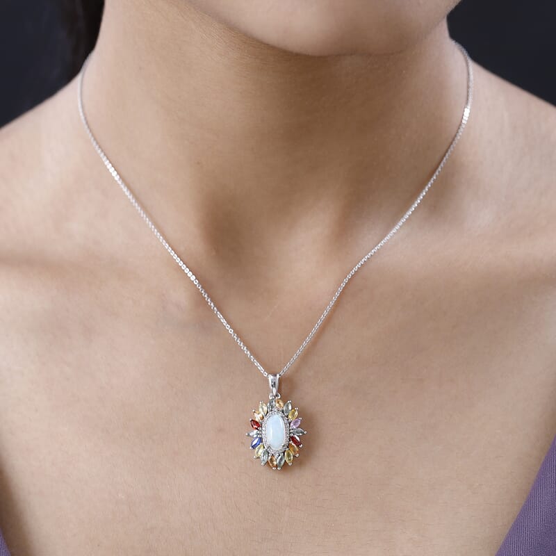 Premium Ethiopian Welo Opal and Multi Gemstone Floral Pendant Necklace 20 Inches in Platinum Over Sterling Silver 2.90 ctw