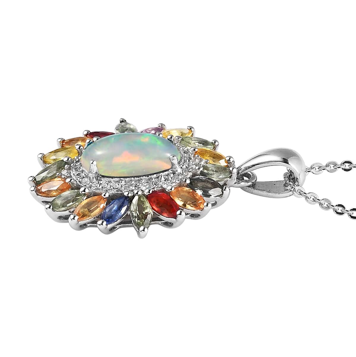 Premium Ethiopian Welo Opal and Multi Gemstone Floral Pendant Necklace 20 Inches in Platinum Over Sterling Silver 2.90 ctw image number 3