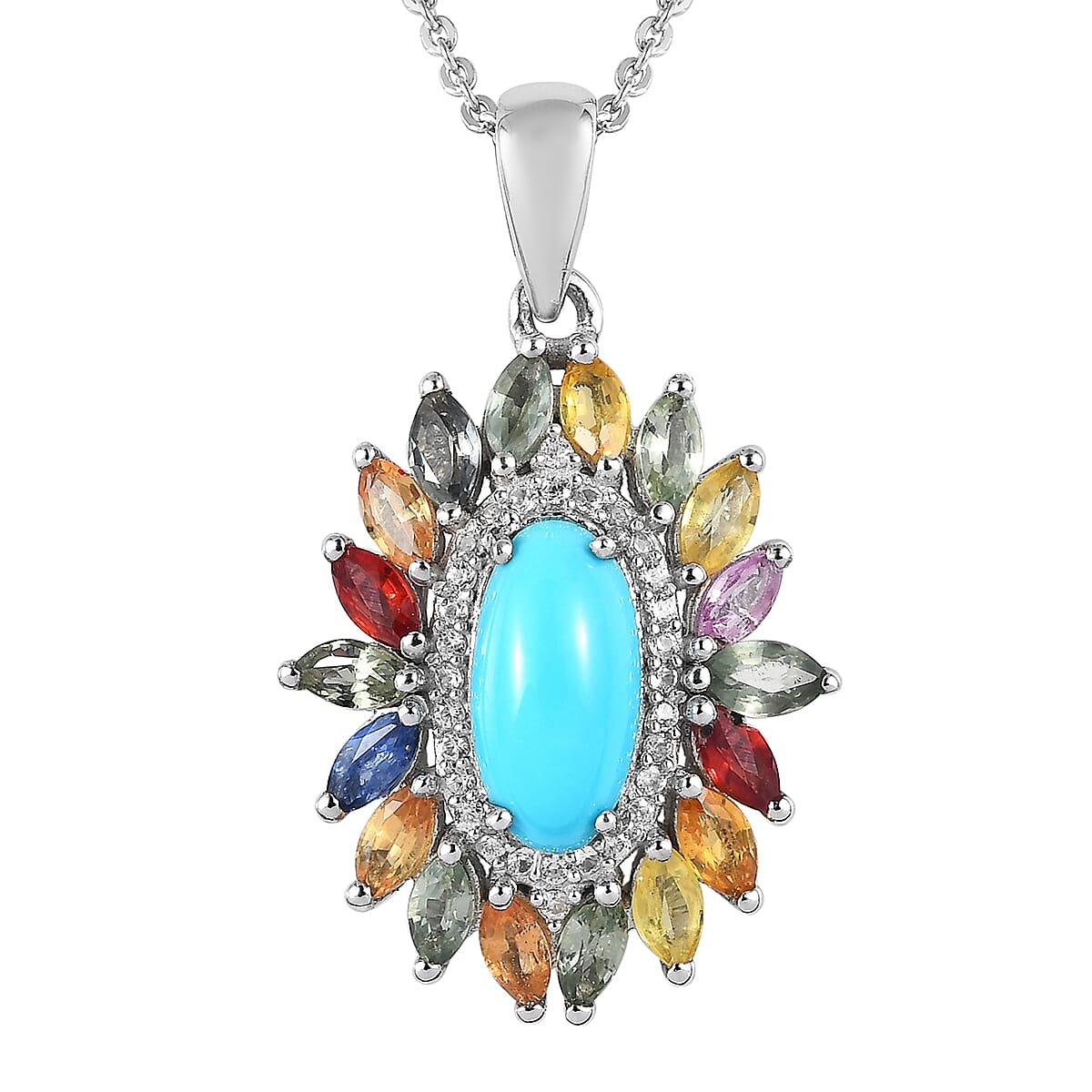Premium Sleeping Beauty Turquoise and Multi Gemstone Floral Pendant Necklace 20 Inches in Platinum Over Sterling Silver 3.15 ctw image number 0