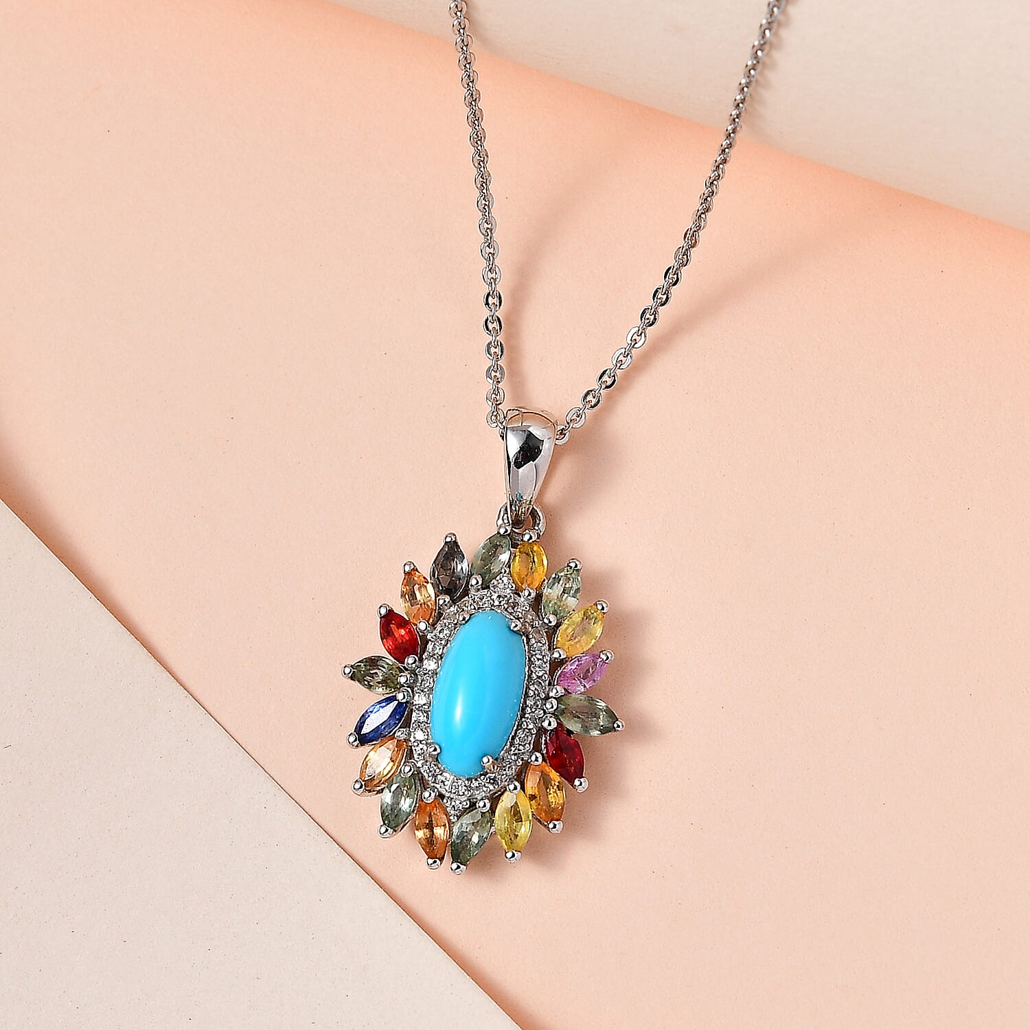Premium Sleeping Beauty Turquoise and Multi Gemstone Floral Pendant Necklace 20 Inches in Platinum Over Sterling Silver 3.00 ctw