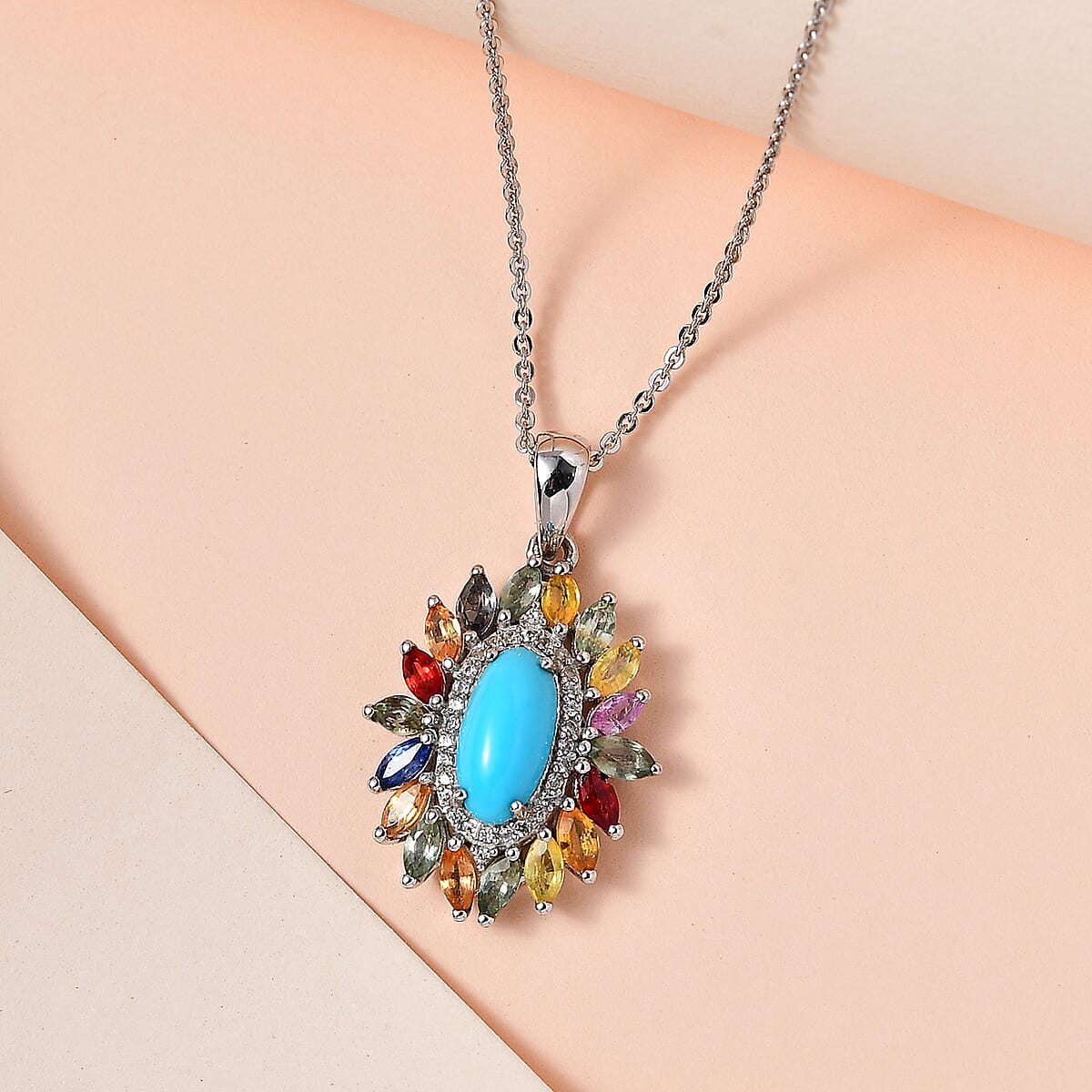 Premium Sleeping Beauty Turquoise and Multi Gemstone Floral Pendant Necklace 20 Inches in Platinum Over Sterling Silver 3.15 ctw image number 1