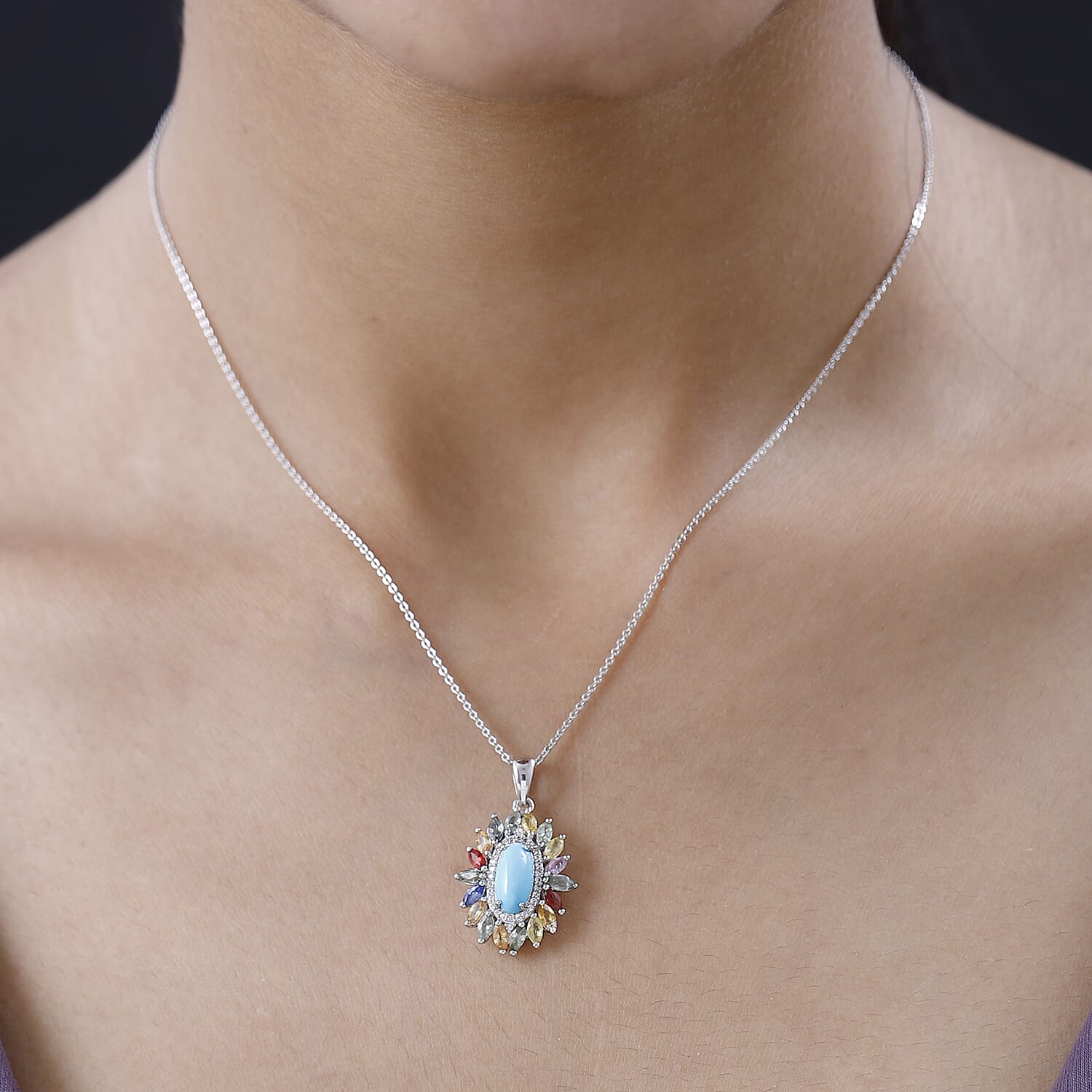 Premium Sleeping Beauty Turquoise and Multi Gemstone Floral Pendant Necklace 20 Inches in Platinum Over Sterling Silver 3.00 ctw