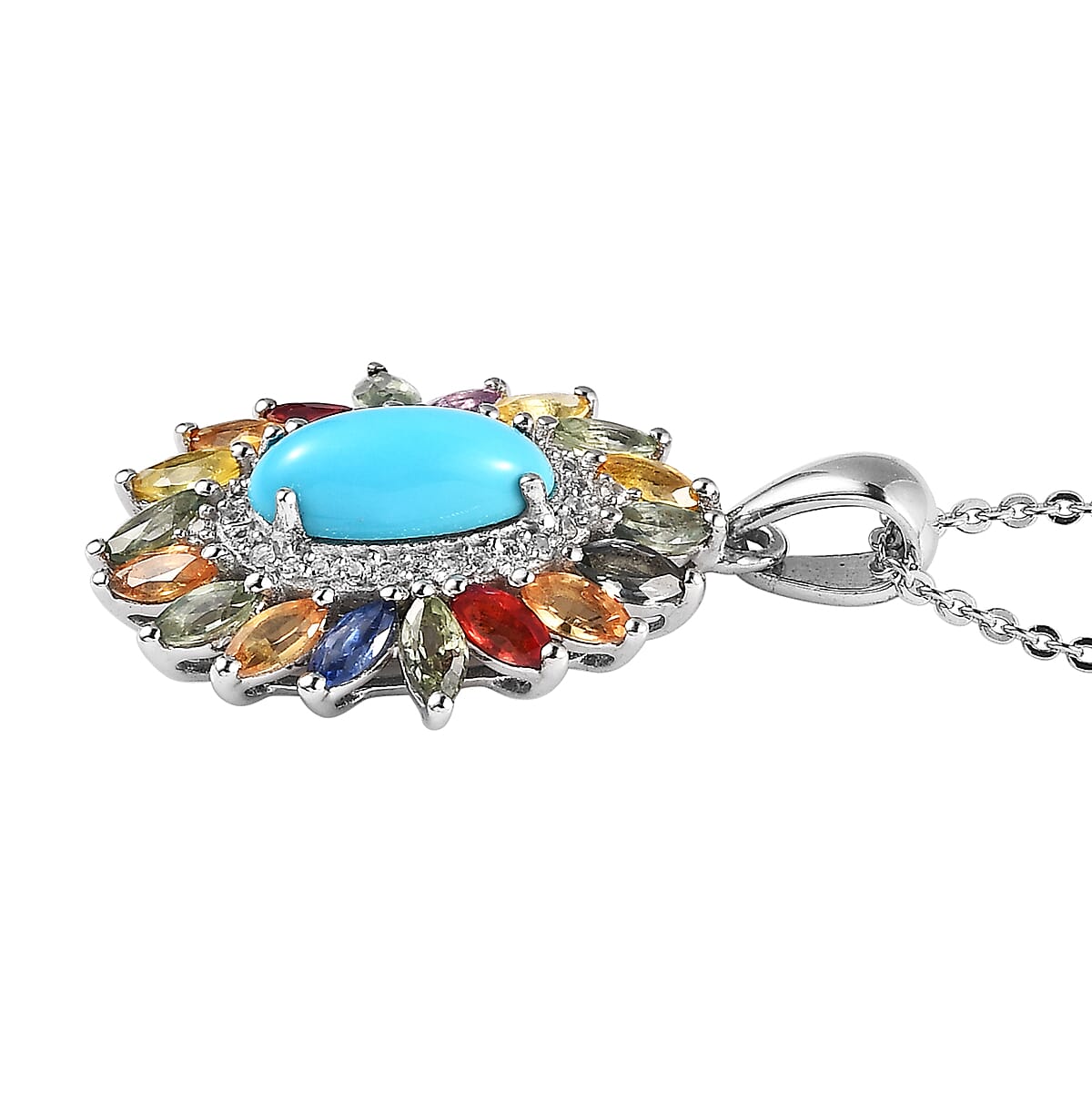 Premium Sleeping Beauty Turquoise and Multi Gemstone Floral Pendant Necklace 20 Inches in Platinum Over Sterling Silver 3.00 ctw