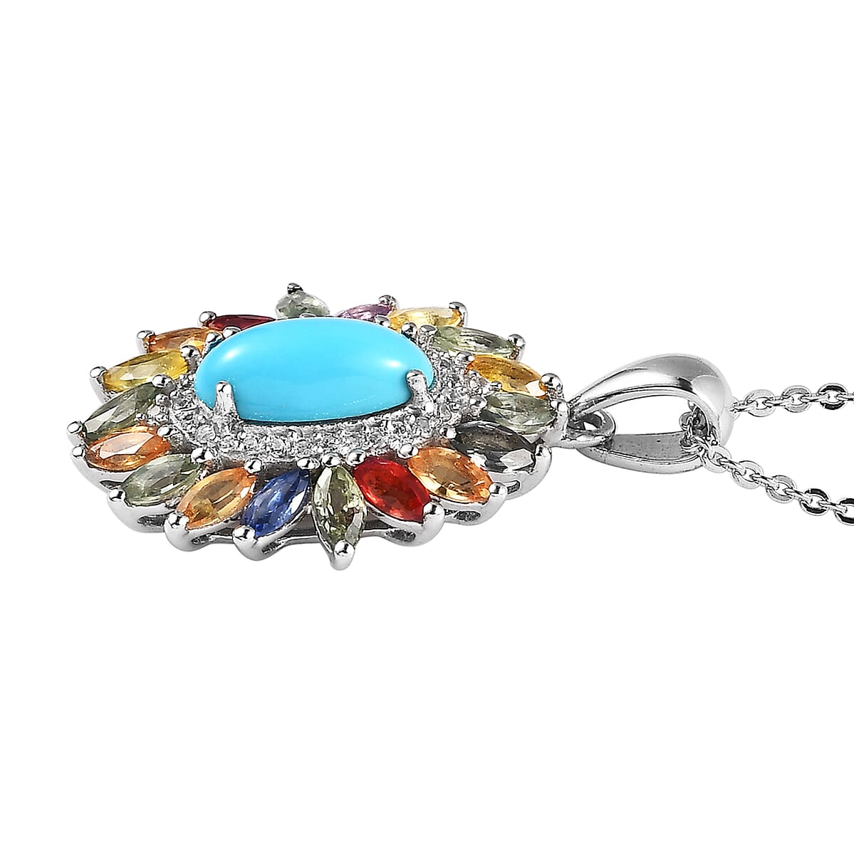 Premium Sleeping Beauty Turquoise and Multi Gemstone Floral Pendant Necklace 20 Inches in Platinum Over Sterling Silver 3.15 ctw image number 3