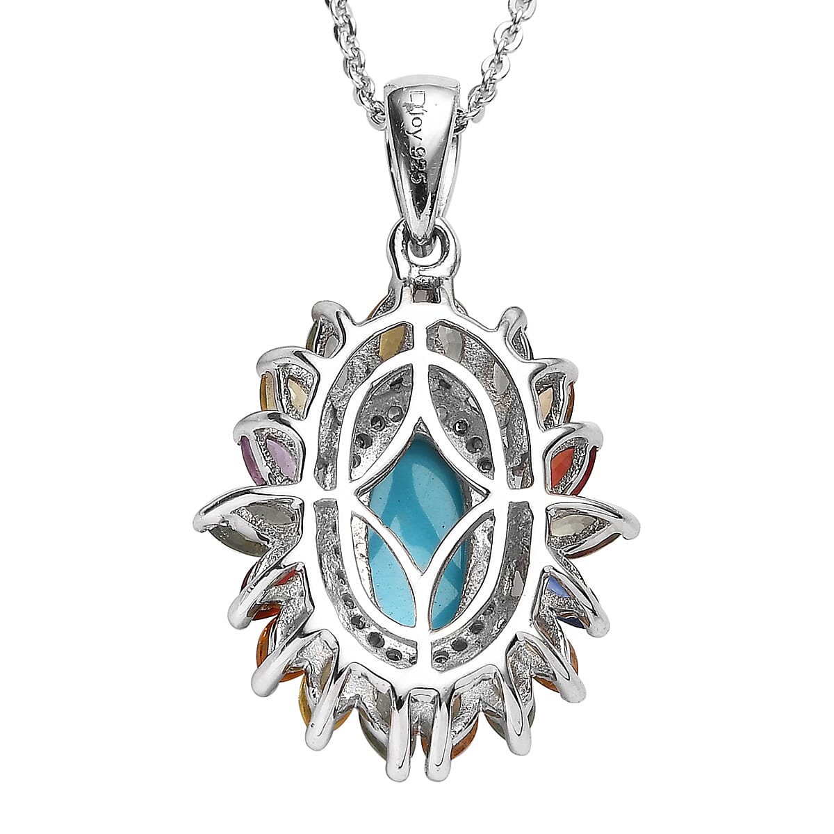 Premium Sleeping Beauty Turquoise and Multi Gemstone Floral Pendant Necklace 20 Inches in Platinum Over Sterling Silver 3.00 ctw