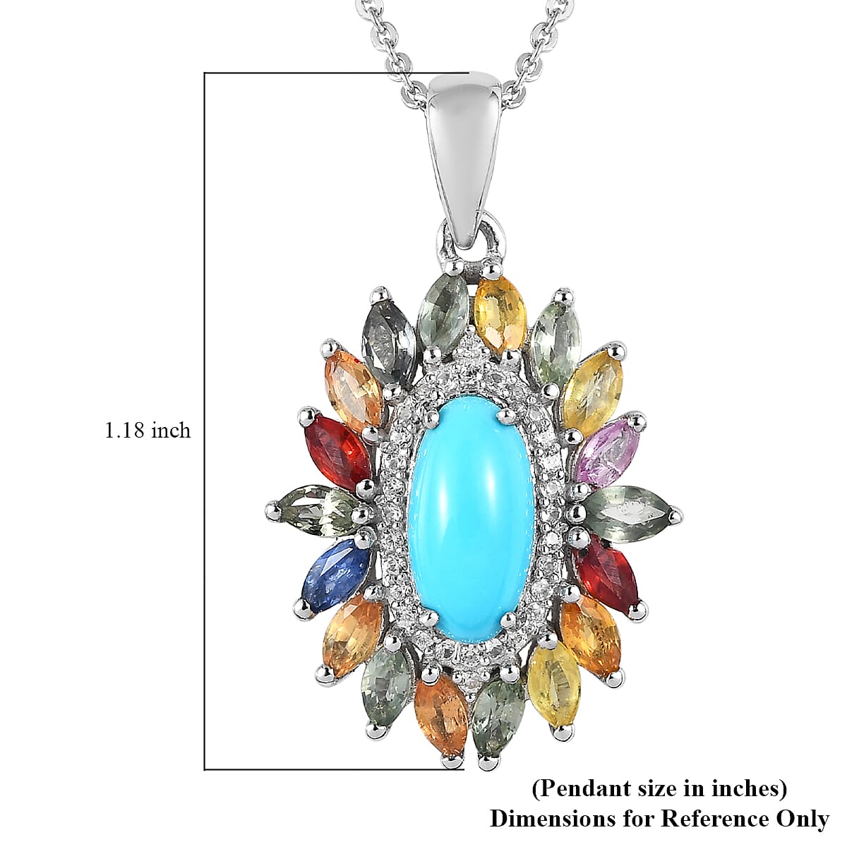 Premium Sleeping Beauty Turquoise and Multi Gemstone Floral Pendant Necklace 20 Inches in Platinum Over Sterling Silver 3.00 ctw