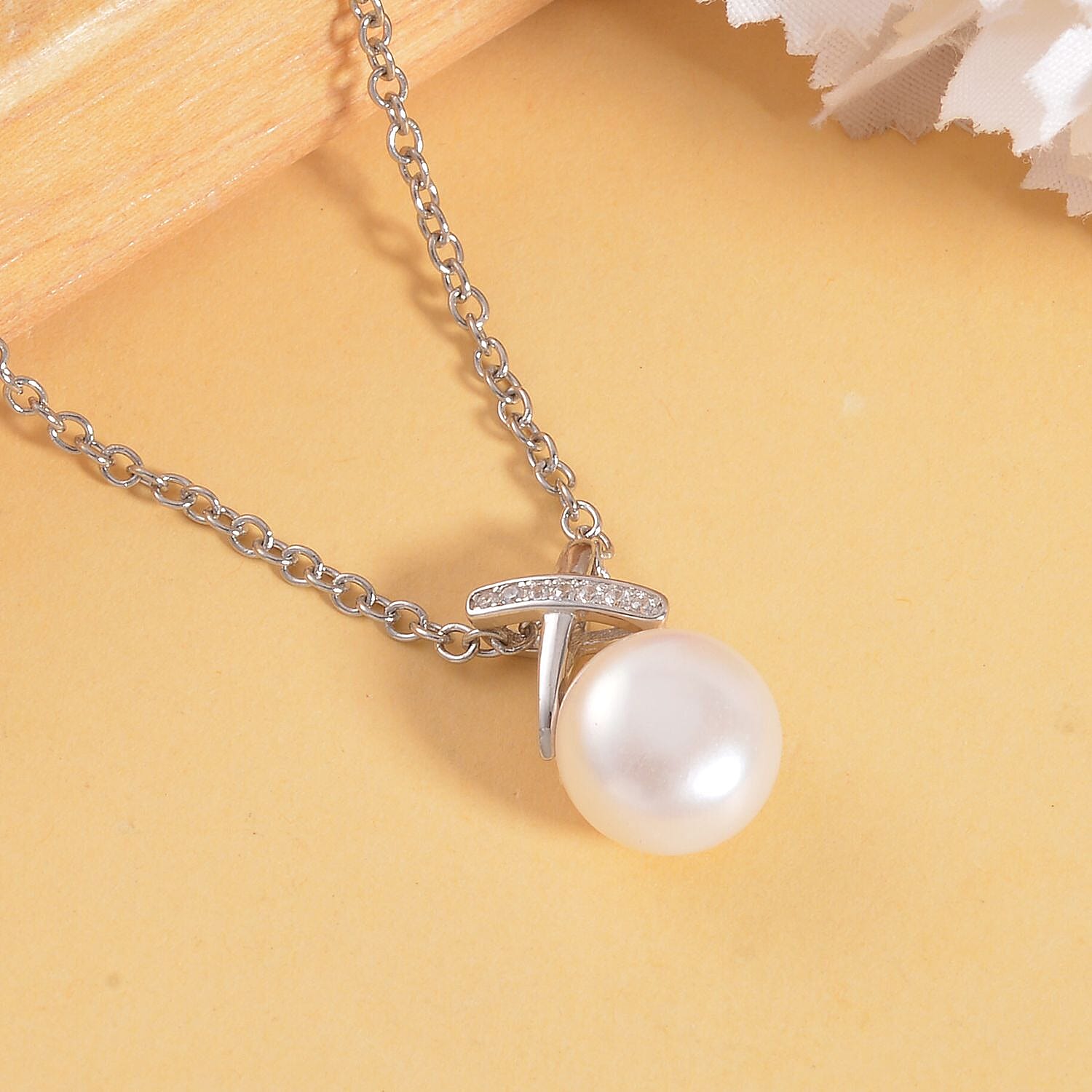 White Freshwater Cultured Pearl and Simulated Diamond Pendant Necklace 20 Inches in Rhodium Over Sterling Silver 0.07 ctw