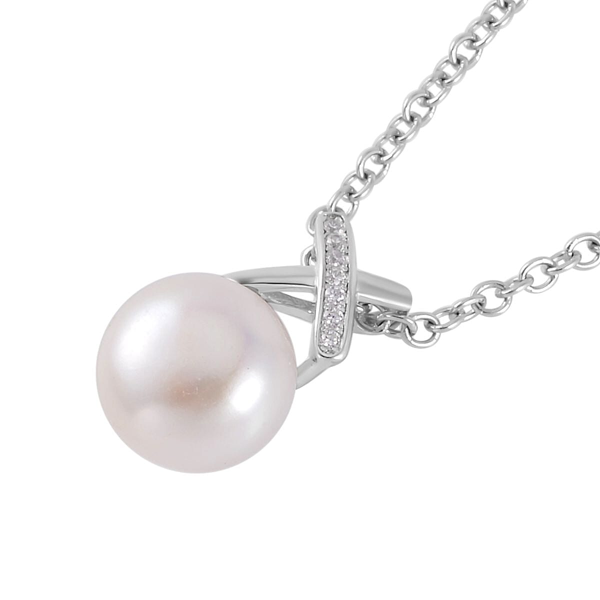 White Freshwater Cultured Pearl and Simulated Diamond Pendant Necklace 20 Inches in Rhodium Over Sterling Silver 0.07 ctw