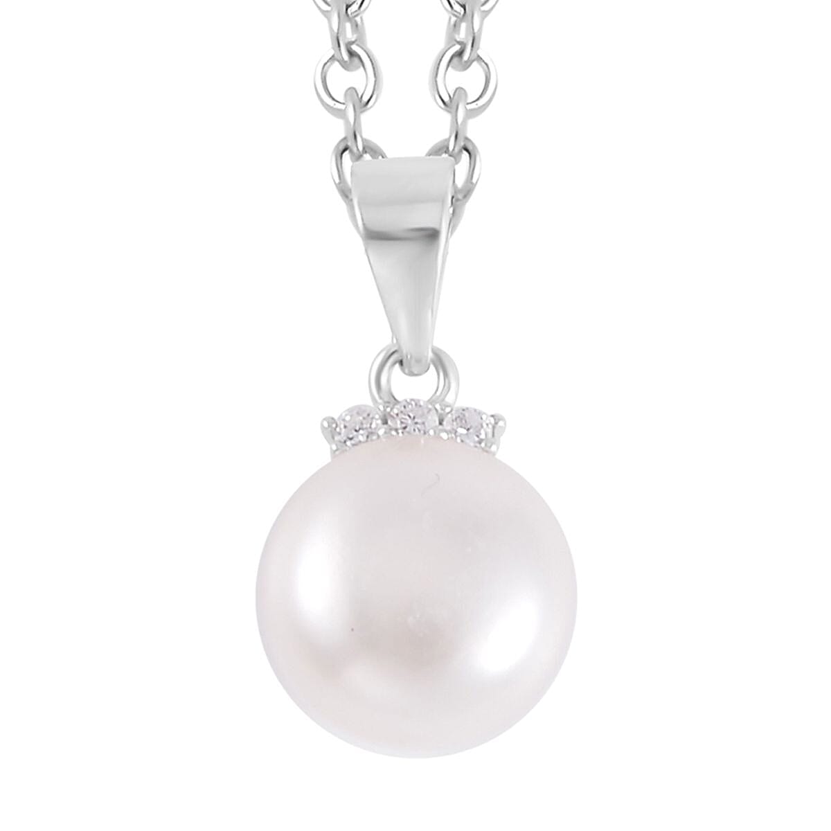 Freshwater Cultured Pearl and Simulated Diamond Pendant Necklace 20 Inches in Rhodium Over Sterling Silver 0.08 ctw