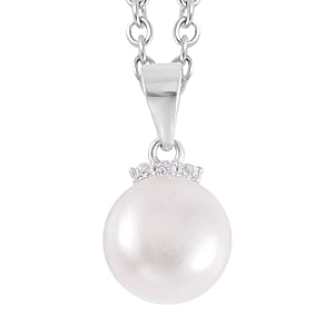 White Freshwater Cultured Pearl and Simulated Diamond Pendant Necklace 20 Inches in Rhodium Over Sterling Silver 0.08 ctw