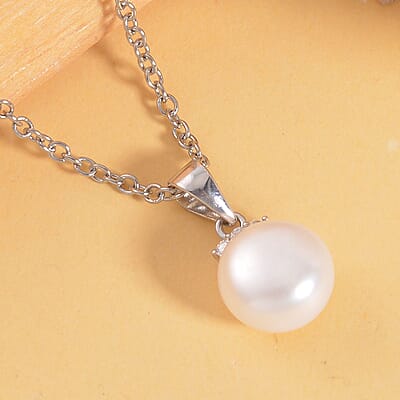 Freshwater Cultured Pearl and Simulated Diamond Pendant Necklace 20 Inches in Rhodium Over Sterling Silver 0.08 ctw