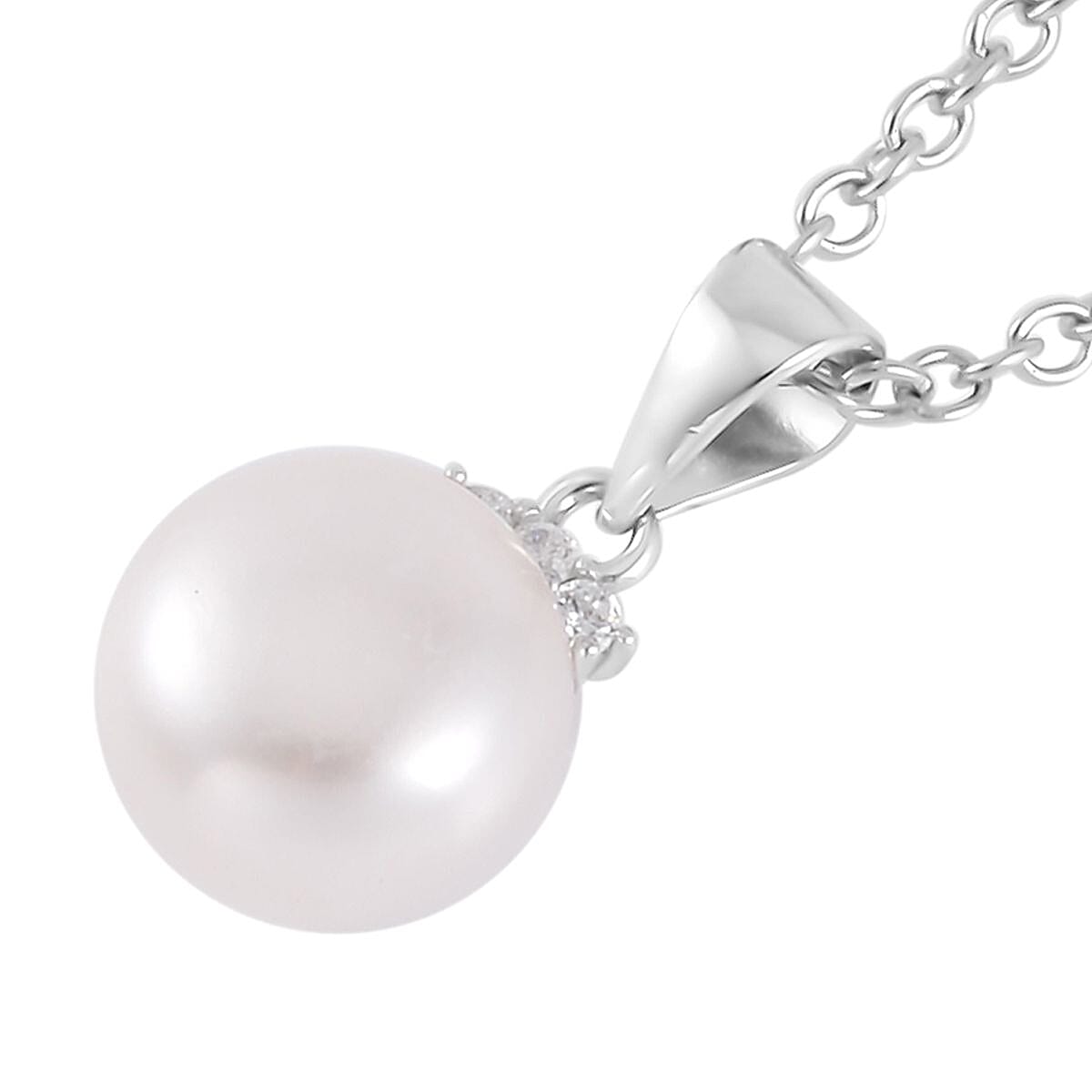White Freshwater Cultured Pearl and Simulated Diamond Pendant Necklace 20 Inches in Rhodium Over Sterling Silver 0.08 ctw image number 3