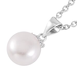 White Freshwater Cultured Pearl and Simulated Diamond Pendant Necklace 20 Inches in Rhodium Over Sterling Silver 0.08 ctw