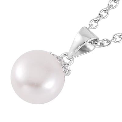 Freshwater Cultured Pearl and Simulated Diamond Pendant Necklace 20 Inches in Rhodium Over Sterling Silver 0.08 ctw