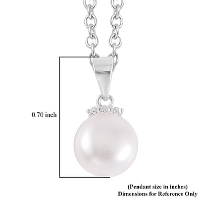 Freshwater Cultured Pearl and Simulated Diamond Pendant Necklace 20 Inches in Rhodium Over Sterling Silver 0.08 ctw