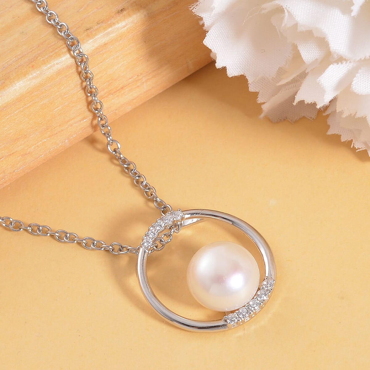 White Freshwater Cultured Pearl and Simulated Diamond Pendant Necklace 20 Inches in Rhodium Over Sterling Silver 0.15 ctw image number 1