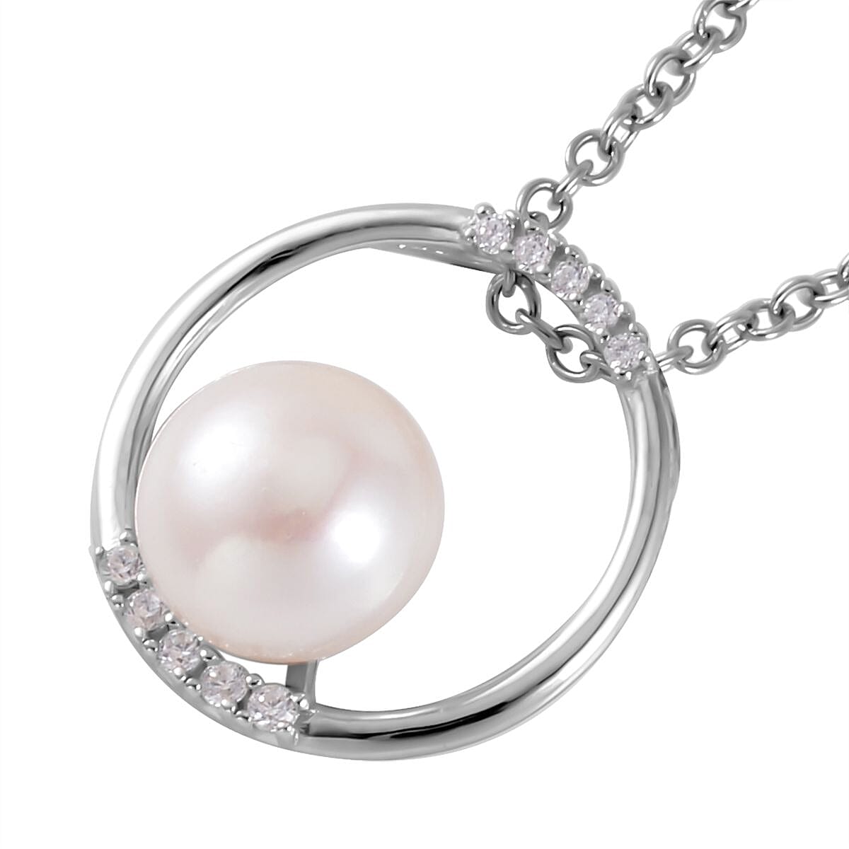 White Freshwater Cultured Pearl and Simulated Diamond Pendant Necklace 20 Inches in Rhodium Over Sterling Silver 0.15 ctw image number 3