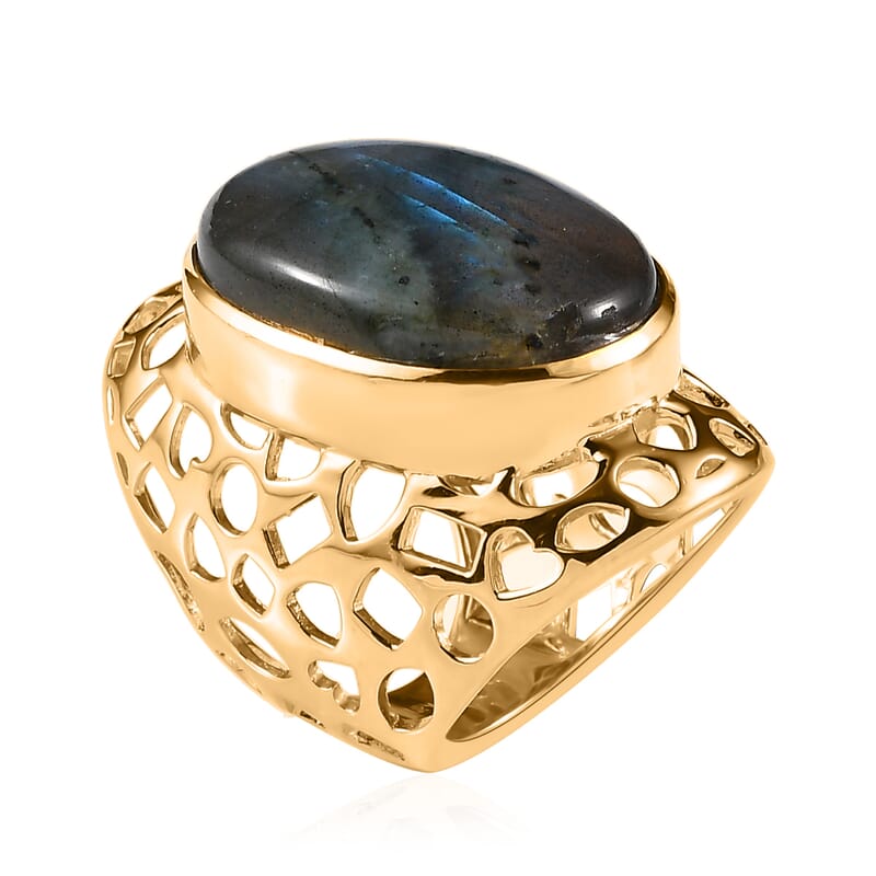 Karis Malagasy Labradorite Solitaire Ring (Size 11) and Pendant in 18K YG Plated 51.50 ctw