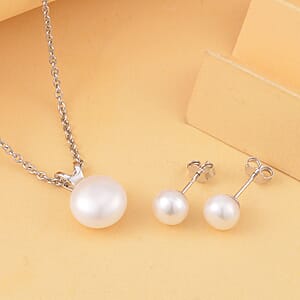 White Freshwater Cultured Pearl Solitaire Stud Earrings and Pendant Necklace 20 Inches in Rhodium Over Sterling Silver