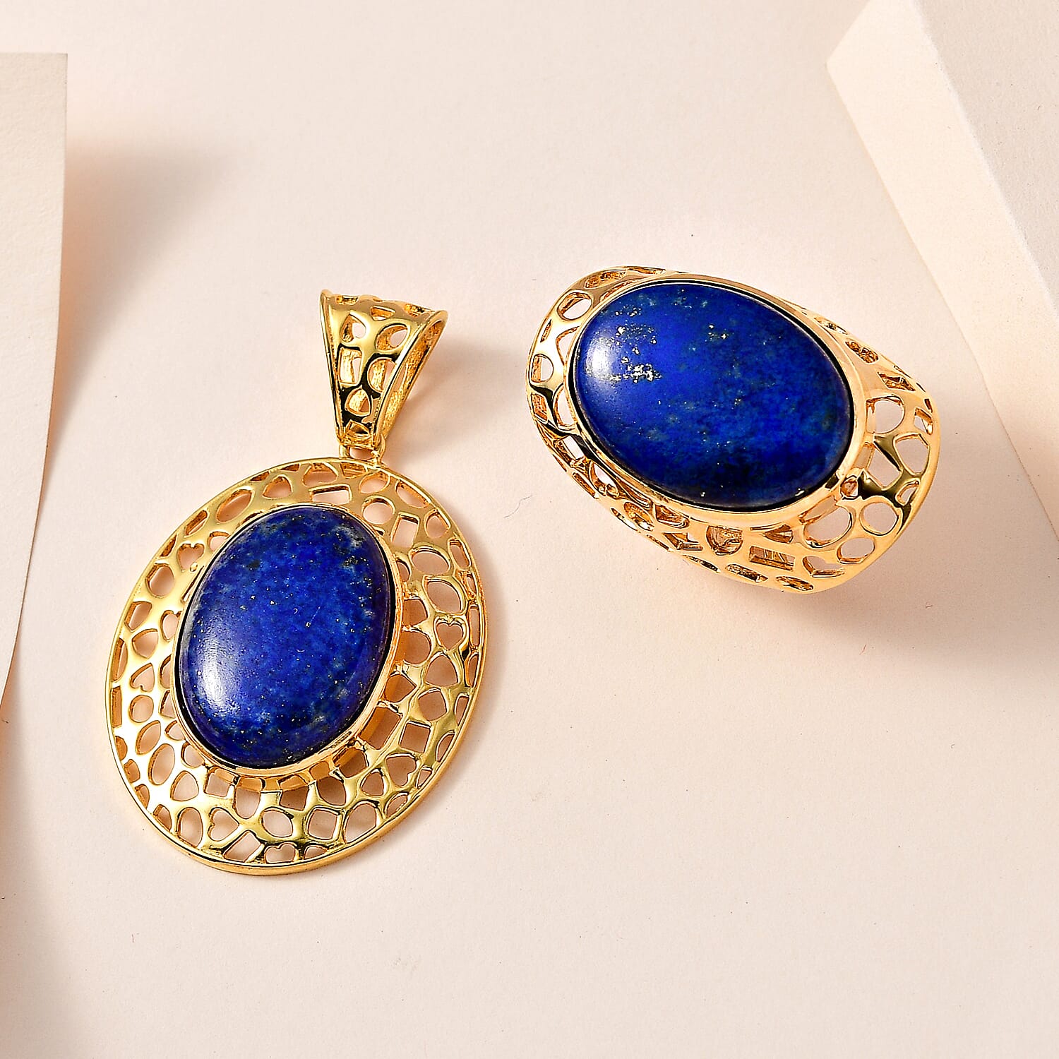 Karis Lapis Lazuli Solitaire Ring (Size 11) and Pendant in 18K YG Plated 55.65 ctw