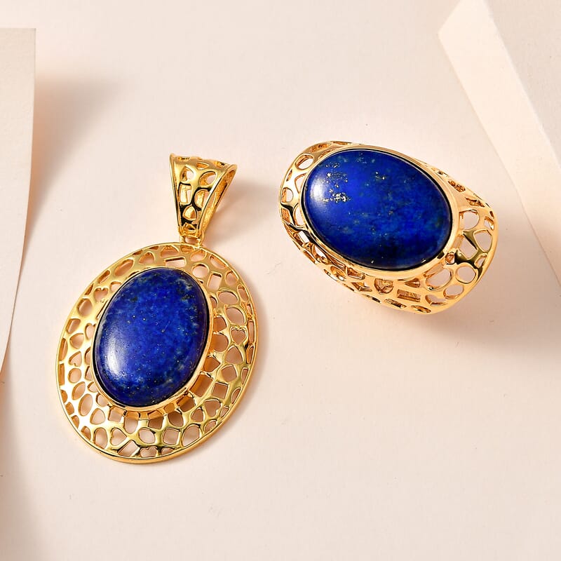 Karis Lapis Lazuli Solitaire Ring (Size 11) and Pendant in 18K YG Plated 55.65 ctw