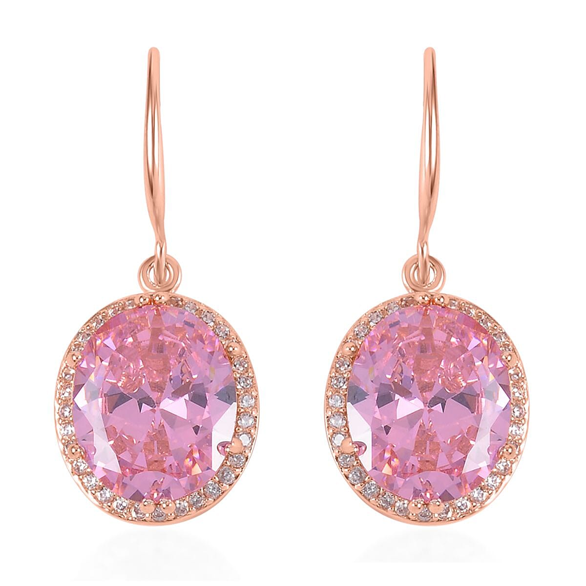 Simulated Pink and White Diamond Earrings, Halo Ring (Size 6.0) and Pendant Necklace 20-22 Inches in Rosetone