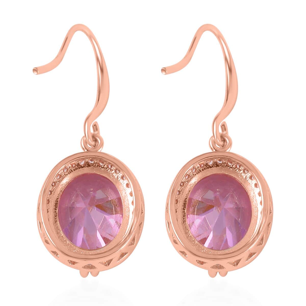 Simulated Pink and White Diamond Earrings, Halo Ring (Size 6.0) and Pendant Necklace 20-22 Inches in Rosetone image number 8