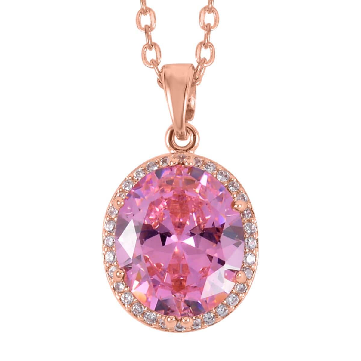 Simulated Pink and White Diamond Earrings, Halo Ring (Size 7.0) and Pendant Necklace 20-22 Inches in Rosetone image number 4