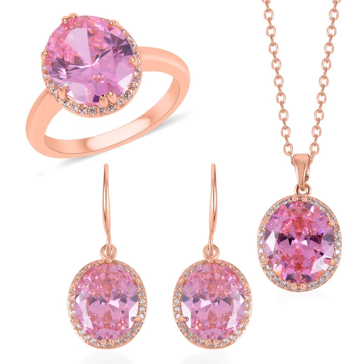 Simulated Pink and White Diamond Earrings, Halo Ring (Size 8.0) and Pendant Necklace in Rosetone 20-22 Inches image number 0